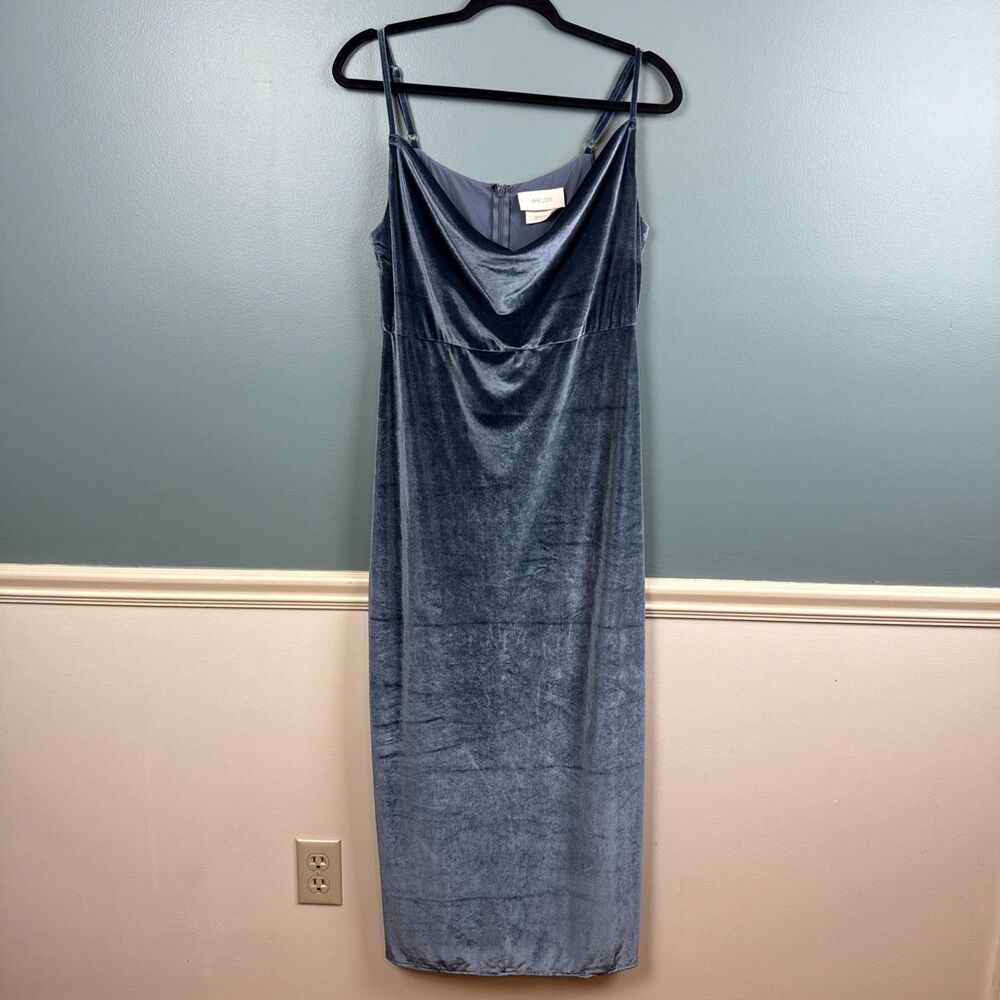 Anthro BHLDN Nasha Velvet Maxi Dress Women's Size 8 Blue Draped Neck Bridesmaid - Picture 2 of 13